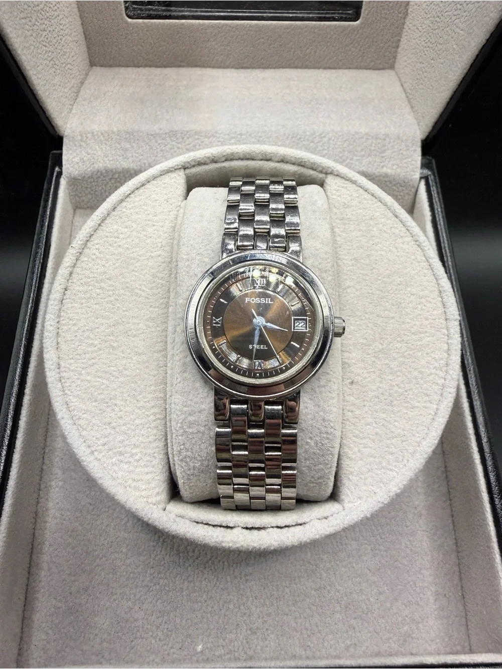 Fossil Steel FS-2549 Womens Watch 25mm Brown Dial Date Stainless Silver